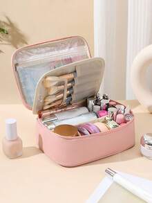 1 peça bolsa de cosméticos multifuncional de PU de grande capacidade com divisória removível para mulheres, bolsa de armazenamento para ferramentas de maquiagem, itens essenciais para viagem, férias de verão, volta às aulas, bolsa de viagem para escola, bolsa de maquiagem para mulheres, bolsa de viagem para maquiagem - Rosa - Ver 2