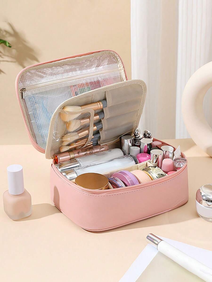 1 peça bolsa de cosméticos multifuncional de PU de grande capacidade com divisória removível para mulheres, bolsa de armazenamento para ferramentas de maquiagem, itens essenciais para viagem, férias de verão, volta às aulas, bolsa de viagem para escola, bolsa de maquiagem para mulheres, bolsa de viagem para maquiagem