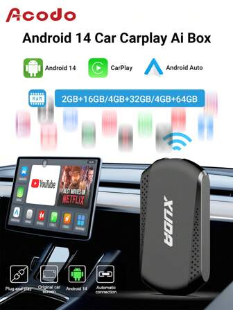 XUDA Android 14 2025 全新无线 CarPlay 和 Android Auto 智能盒三合一四核 2GB+16GB/4GB+32GB /4GB+64GB 即插即用内置应用程序支持 98% 原装有线 CarPlay 或有线 Android Auto 汽车