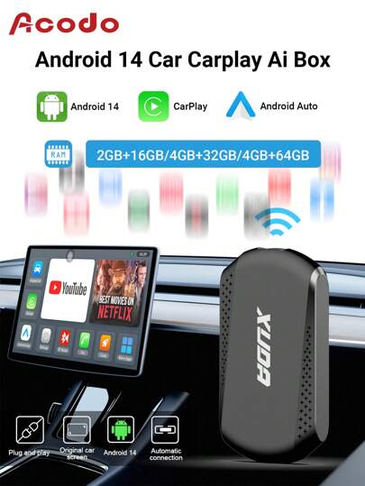 XUDA Android 14 2025 NUEVO Caja inteligente inalámbrica con CarPlay y Android Auto 3 en 1 Quad Core 2GB+16GB/4GB+32GB/4GB+64GB Plug and Play Con aplicaciones incorporadas Compatible con el 98% de los automóviles con CarPlay por cable o Android Auto por cable