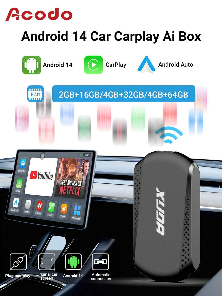 XUDA Android 14 2025 NEW Wireless CarPlay And Android Auto Smart Box 3in1 Quad Core 2GB+16GB/4GB+32GB /4GB+64GB Plug And Play Built-In Apps Support 98% Of Original Wired CarPlay Or Wired Android Auto Cars