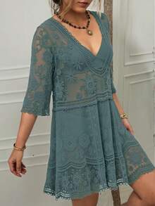 Women's Contrast Lace Loose Swimsuit Cover Up Beach Dress - Swimwear 2025 IBGX - H-xanh lá cây - Xem 2