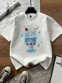 宽松棉质卡通印花 T 恤，独特设计短袖休闲上衣，适合娇小女性 - 白色 - 查看 4