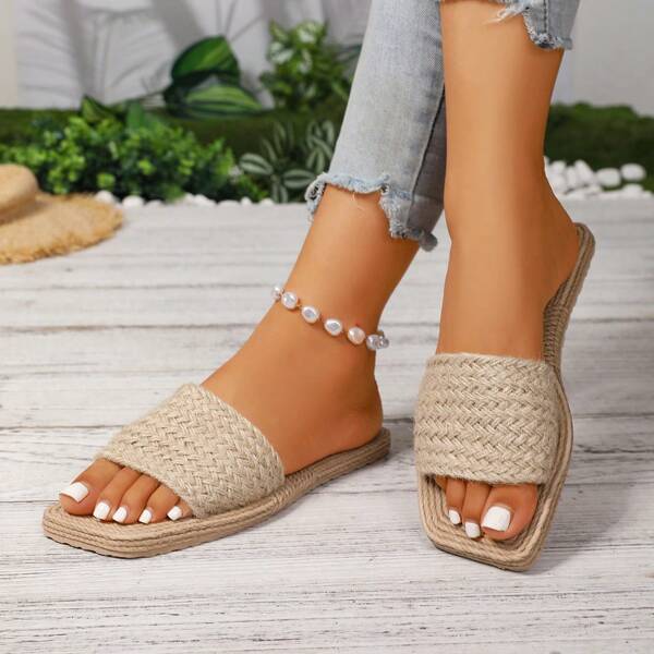 1 paar vierkante pantoffels met geweven platte neus, comfortabele, casual instappers, minimalistische, veelzijdige pantoffels, zachte zool en open neus, geschikt voor binnen/buiten, kantoor, lente/zomer/herfst