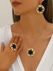 1 Conjunto (1 par de pendientes geométricos retro, 1 collar con colgante circular geométrico, 1 anillo con estampado floral redondo) - Adecuado para cualquier ocasión, estilo de moda vintage