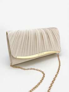 Pleated Flap Clutch Bag, Satin Texture, Fashion Elegant, Suitable For Evening Gown, Party, Formal Occasion, Envelope Handbag, Mini Square Bag, Luxury Clutch Purse, Shoulder Strap Crossbody Bag, Banquet Chic Purse - Champagne - View 8