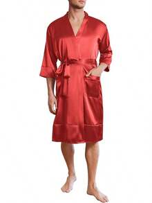 Mens Satin Robe Lightweight Silky Kimono Bathrobe 3/4 Sleeve Spa Knee Length Loungewear With Pockets S-3XLhalloween - Red - View 1