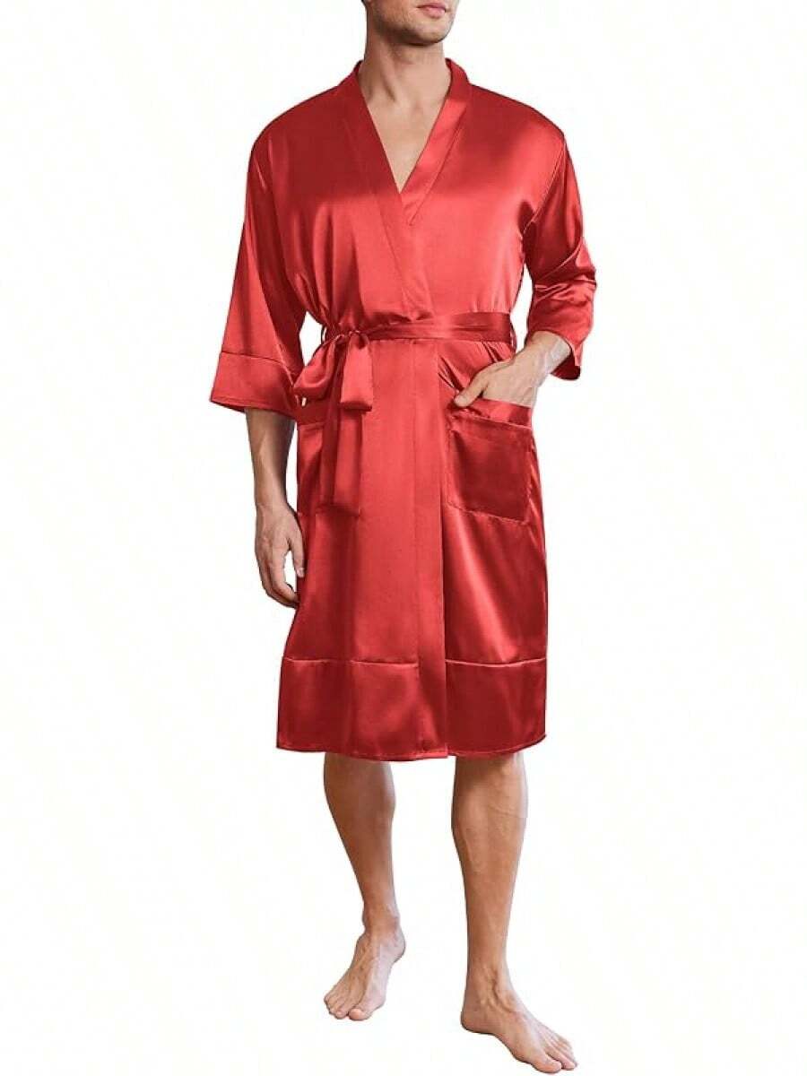 Mens Satin Robe Lightweight Silky Kimono Bathrobe 3/4 Sleeve Spa Knee Length Loungewear With Pockets S-3XLhalloween - Red - View 1