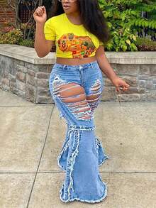 Damen Große Größen Street Style Destroyed Schlagjeans, modische Damen Große Größen für Herbst/Winter - Blau - Übersicht 3