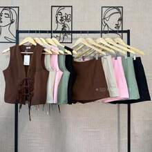 SJD MODA LADY 2 Piece Western Front Set With Bow Detail On Vest And Mini Short Skirt, Women's Casual With Slit, Brown Regular Fit Short Skirt With Lace Up Front, Women's Sets, Spring/Summer, Daily Casual Wear - 黑色 - 查看 2