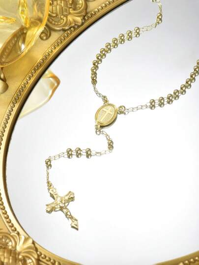 1pc 18k Gold Plated Cross Pendant Necklace, Stylish Women Luxury Rosary Necklace With Christian Elements, Suitable For Women's Daily And Holiday Wear