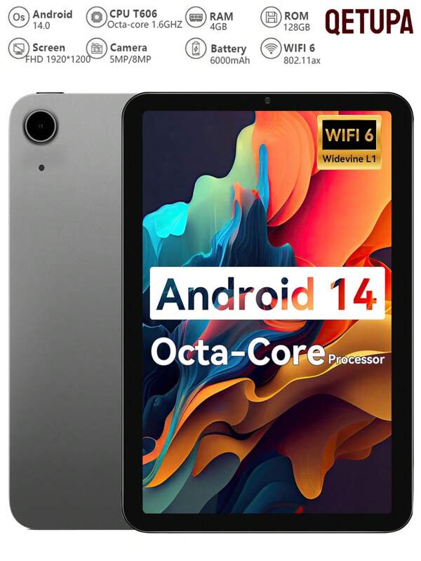 Qetupa Z19 10.1 Inch Android 14 Tablet,T606 Octa-Core 1.6GHZ Processor,4GB RAM+128GB ROM/8GB RAM+256GB ROM,802.11ax WIFI6 2.4G+5G,BT 5.0,Incell FHD(1920x1200) IPS Touch Screen,5MP+8MP Dual Camera,6000mAh Long Battery Life, Supports 1TB Expansion