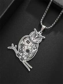 1pc Fashion Stainless Steel Flat Mechanical Doll, Owl Animal Pendant Necklace, Unisex Jewelry Casual Gift