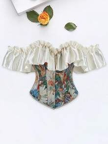 Women Corset Bustier Tops Vintage Jacquard Flower Ruffle Sleeve Body Shaper  Renaissance Shirts - Green - View 4