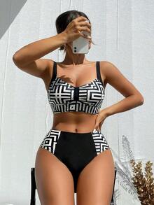Women's Summer Beach Casual Holiday Sexy Random Printed High Waist Beach Vacation 2 Pieces Bikini Set - 白色 - 查看 3