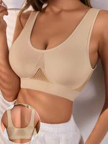 女士加厚运动文胸，无钢圈舒适透气无缝提拉文胸背心 - 杏色 - 查看 2