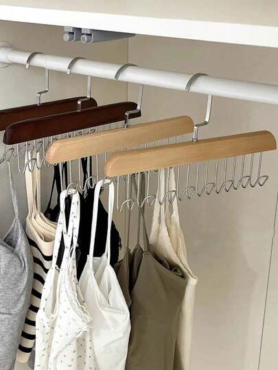 1/2 Pcs Multi-Function Detachable Hanger, Bra Organizer, Heavy Duty Wooden Non-Slip 8 Metal Hooks Closet Storage Rack, Suitable For Camisoles, Swimwear, Bra, Scarf, Tie And Belt, Seamless Drying Rack, Spring, Minimalist, Summer Tops, Pet Summer Clothes Hanger