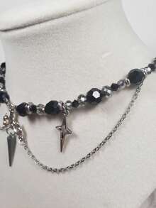 1 件十字架水滴吊坠项链，星爆流苏项链，哥特式黑色玻璃珠和不锈钢链，适合女性日常佩戴、派对、角色扮演、音乐节、表演、珠宝礼物 - 彩色 - 查看 4
