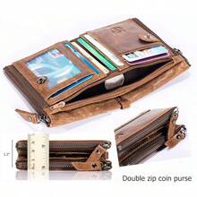 BULLCAPTAIN Genuine Leather Wallet For Men Vintage Bifold Double Zipper Coin Purse, Brown, 4.7"X1.2"X3.7"(HxWxL) - Brown - View 5