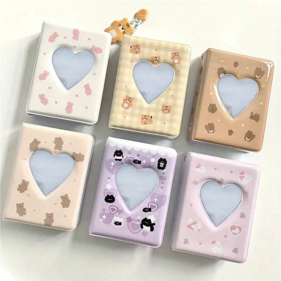 1pc Mini Photo Album, 3-Inch Rectangular Cartoon Heart-Shaped Cover, Idol Photo Card Holder, Cute Collectible Card Book