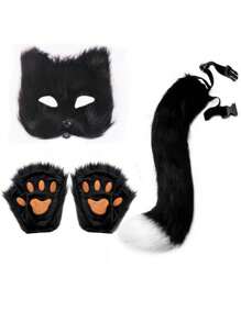 1set Fox Makeup Set 3pcs - Plush Tail, Mask And Gloves, Party Dress Up Tools, Party Styling Tools, Party Play Accessories, Beast Theme Makeup Set For Regular Hair, Fragrance Free, For Voluminous Hair