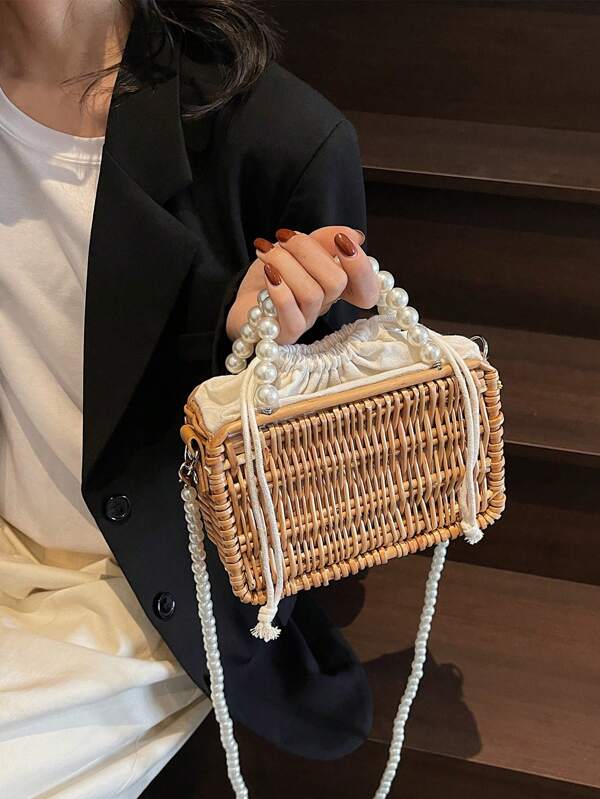 Mini Bolsa/Bolsa de Ombro em Palha com Fechamento com Cordão, Decoração Floral, Portátil e Adequado para Férias e Viagens