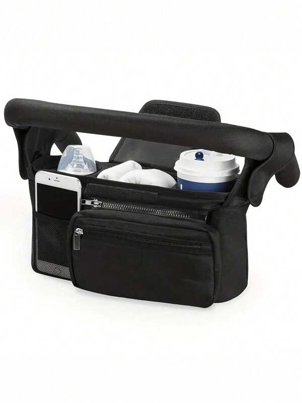 1pc Black Baby Stroller Hanging Storage Bag, Multi-Functional Diaper Caddy With Cup Holder, Detachable Phone Pouch And Shoulder Strap, Portable Design