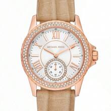 Michael Kors Reloj de mujer de cuarzo casual Mini Everest, esfera blanca de tres manecillas y correa marrón, modelo MK4719, adecuado para uso diario, regalo para ella