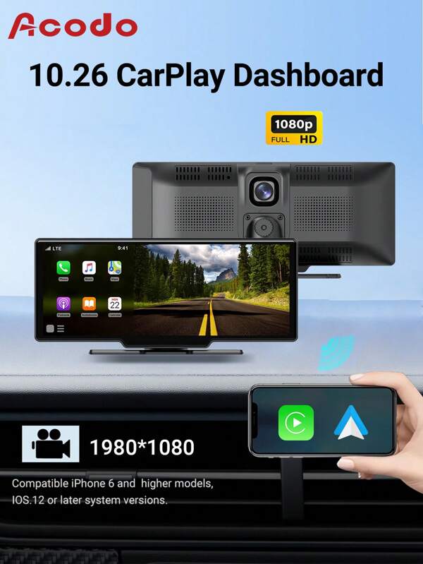 Acodo Acodo NEW 10.26 Inch 4K DVR Wireless Carplay And Android Auto Portable Dash Cam IPS Touch Screen Bluetooth Audio Dual Lens Recorder
