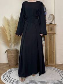 1 pieza Elegante vestido jalabiya casual para mujer en ocasión de Eid, vestido largo de un solo color con nudo para uso informal, de viaje o en vacaciones, primavera/otoño