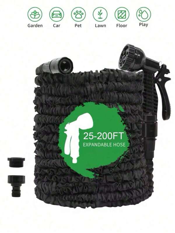 Expandable Pet Garden Hose - Flexible Plastic Washing Hose With Nozzle, Black, Modern Design, Great For Dog Bathing And Outdoor Cleaning, Essential Dog Bathing Item | Functional Pet Product | Adjustable Nozzle