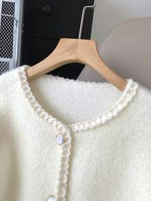 Casual Solid Color Lace Knit Cardigan With Pockets And Front Button Fastening. Fashionable And Elegant For Fall And Winter Season, Suitable For Daily Office Wear - White - View 5