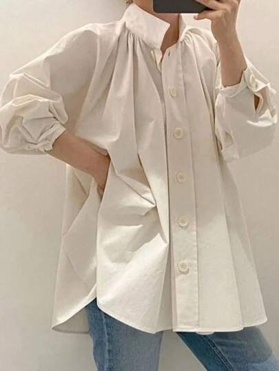 Look Polly Chemise longue à manches longues pour femmes, style vintage, design simple et élégant, coupe ample et décontractée, avec un seul rang de boutons. Convient pour l'automne et l'hiver.