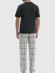 Lightweight Summer Pajama Set For Men, Round Neck Solid Color Pullover Short Sleeve Tee & Plaid Print Pants, Casual And Comfortable Home Wear Two Pieces