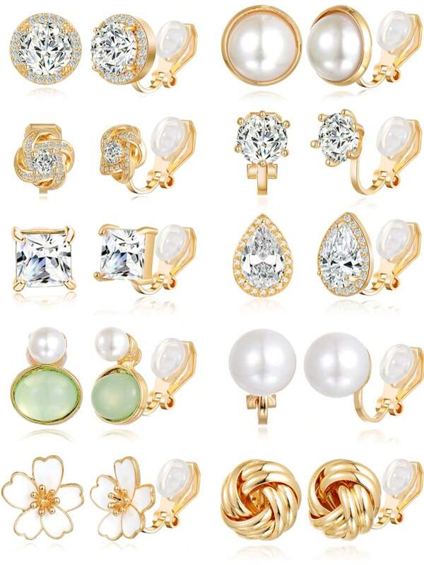 10 Pairs Of Fashionable And Elegant Alloy Gold Non-Perforated Teardrop Round Square Teardrop Pearl Knotted Flower Clip-On Earrings And Stud Earrings Are Suitable For Women Daily Wear