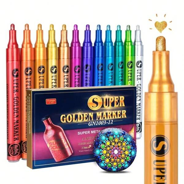 [Shiny Metallic Paint Markers] 12/18 Colour Shiny Metallic Acrylic Paint Markers - 1 Set Art Glitter Pens For Scrapbooking Supplies, Black Paper, Petroglyphs, Ceramics, Glass, Wood, Fabric, Canvas, Mugs, Christmas Crafts, DIY Crafts And Gifts!