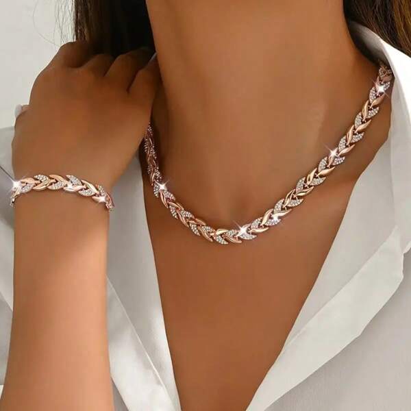 1 Conjunto: 1 Pulseira + 1 Colar, Conjunto de Joias Elegantes da Moda com Cauda de Sereia em Zircônia Cúbica Rosê Ouro, Adequado para Mulheres em Banquetes e Festas
