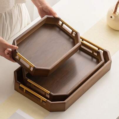 1pc Wood Tray With Metal Handle, Suitable For Food, Cakes, Salad, Fruits, Sushi, Beverages, Steaks, Pizza, Cereal, Matte Texture Serving Platter For Cafe, Home, Dessert, Tea, Bread, Snacks And Cups