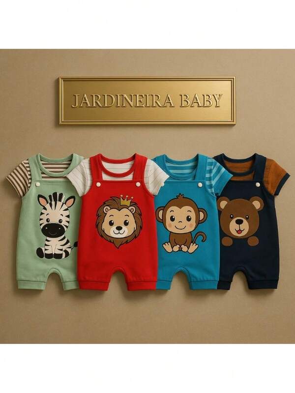 Conjunto de Bebê Macacão Jardineira Safari com Estampa de Animais - Roupa Fofa para Bebê Menino