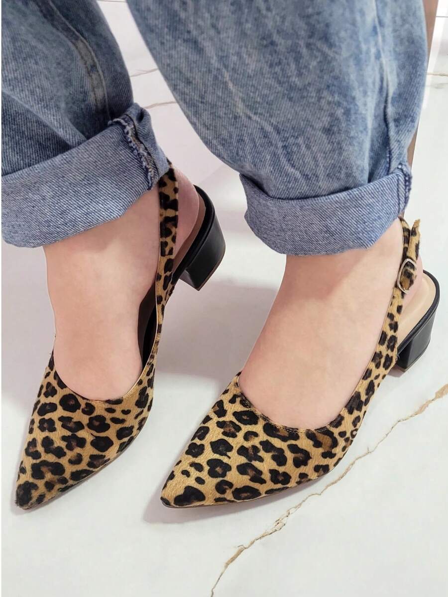Elegant Block Heel Sandal With Pointed Toe And Open Back - Animal Print - View 1