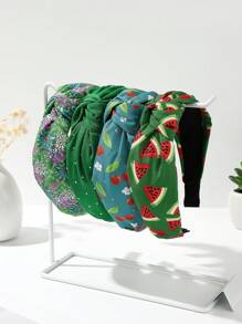 4 peças/Conjunto Cor Sólida de Tecido, Strass, Cereja, Morango, Melancia, Maçã, Poá, Xadrez, Floral Padrão Elástico Largo, Faixa de Cabelo, Acessórios para Cabelo, Diadema, Tiara