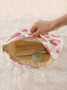 1 件便携式草莓图案双面印花拉链化妆包，多功能旅行洗漱用品收纳袋