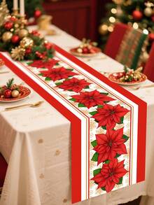 1 buc. Traversă de masă de Crăciun fericit cu modele mari de Poinsettia roșii, 35*180cm, husă de masă de Crăciun din poliester, decorațiuni de Crăciun pentru casă 2025, decor pentru masă de bucătărie, decorațiuni festive pentru masă, temă de iarnă, decor pentru petrecere de Crăciun, Anul Nou fericit 2026