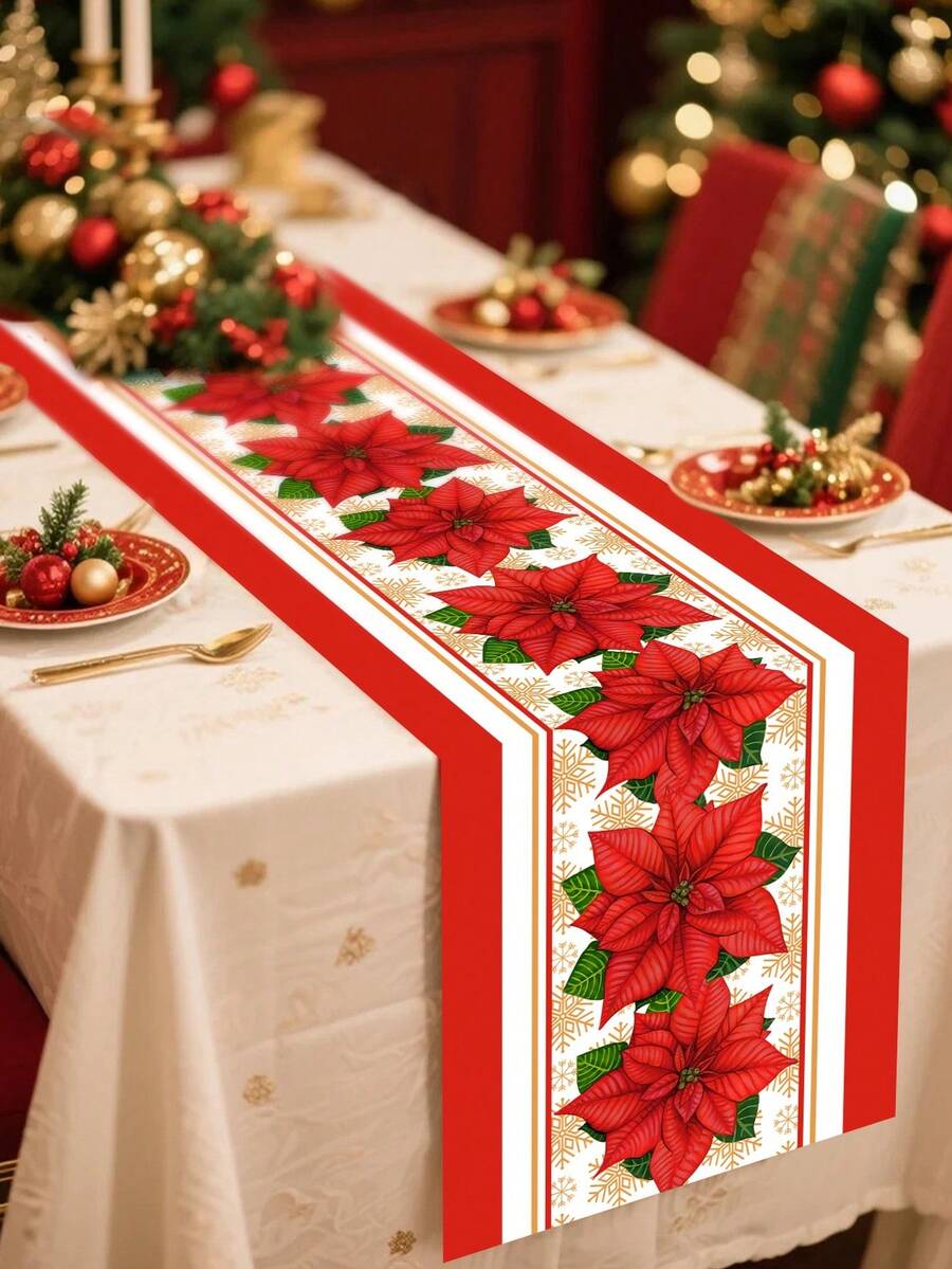 1 buc. Traversă de masă de Crăciun fericit cu modele mari de Poinsettia roșii, 35*180cm, husă de masă de Crăciun din poliester, decorațiuni de Crăciun pentru casă 2025, decor pentru masă de bucătărie, decorațiuni festive pentru masă, temă de iarnă, decor pentru petrecere de Crăciun, Anul Nou fericit 2026
