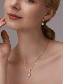 1 Set Gold Metal Thin Chain Diamond-Studded Pearl Necklace And Earring Set, Suitable For Party, Event And Daily Accessories