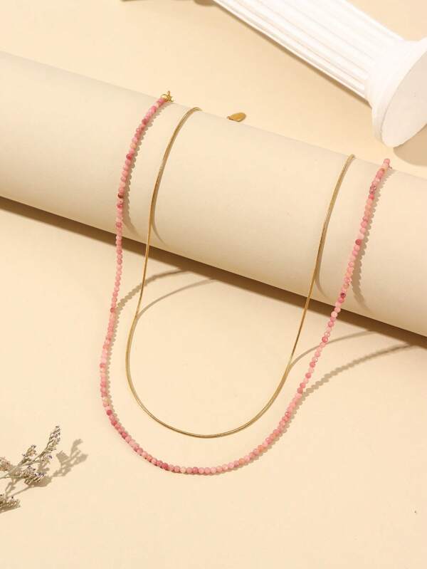 1 Set Of 2pcs Elegant Pink Natural Stone Beaded Necklace, Handmade Beaded Necklace, Gold Chain Necklace Choker Set, Summer Accessory, Suitable For Outing, Travel And Daily Wear