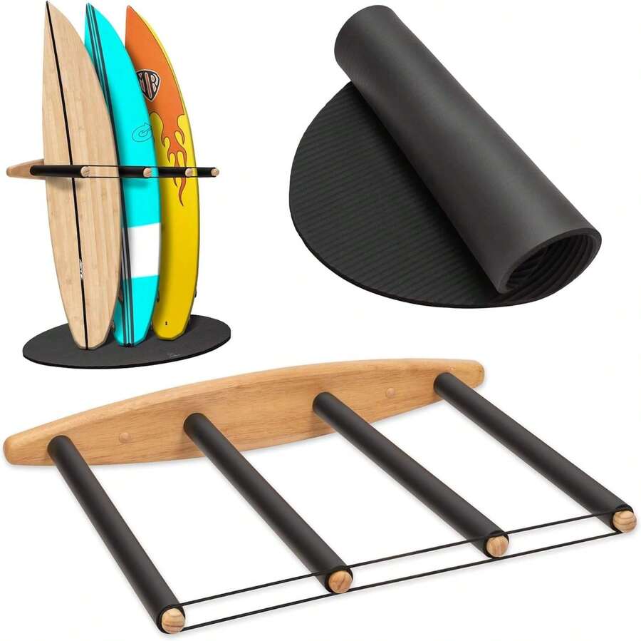 Vertical Surfboard Rack - Surf Racks For Wall,  Wooden Surf Board Holder With Rubber Mat, Wall Mount Storage, Vertical Paddle Board &  Garage Stand (4 Arms / 3-4 Boards) - Multicolor - View 1