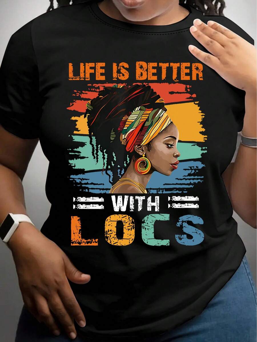 Camiseta de Manga Corta para Mujeres 100% Algodón, Ajuste Holgado, 200g, 1 Pieza, Retrato Femenino Africano y Estampado de Patrón "LOCs Make Life Better", Cuello Redondo, Cómoda para Todas las Estaciones, Ajuste Holgado, Adecuada para Verano y Primavera, Simple, Top Casual para Mujeres, Ropa Casual - Negro - Ver 1