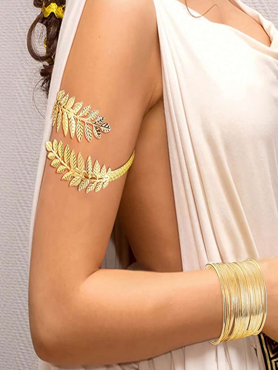 2pcs/Set New Punk Street Style Hollow Multi-Layer C-Shape Bangle Bracelet, Roman Goddess Tree Branch & Leaf Open Cuff Bracelet For Women