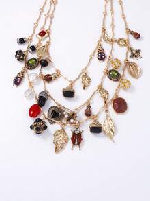 1 件复古多层吊坠项链，带昆虫、树叶、心形、几何链条吊饰设计 - 多層項鍊 - 查看 4